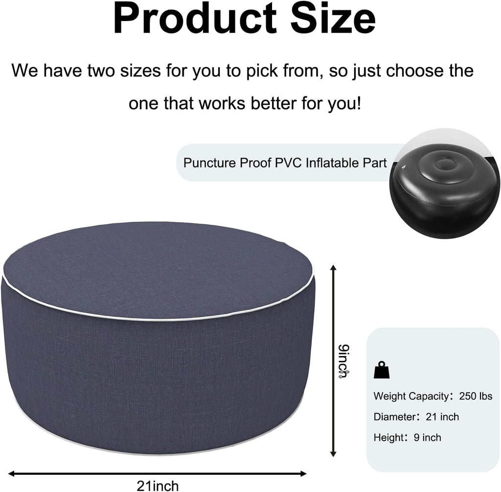 DYTXIII Inflatable Ottoman Stool D21 xH9 for Outdoor/Indoor Use, Water Repellent Patio Foot Rest Stool with Portable Handle,Round Pouf Ottoman Suitable for Garden,Deck and Camping - Textured Navy