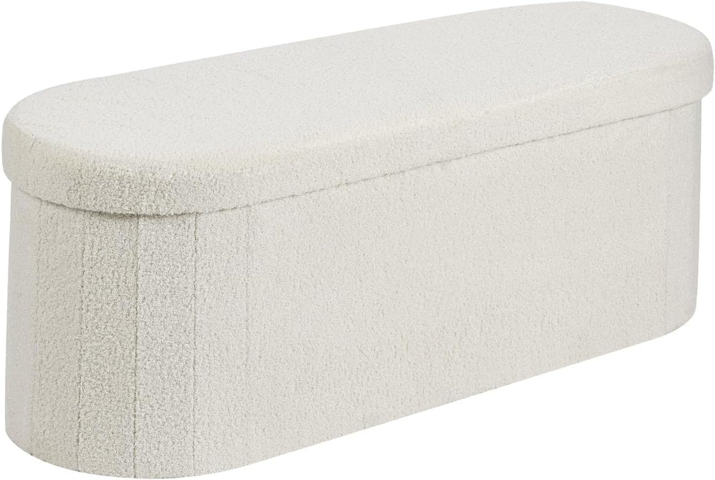 VEVOR Oval Storage Ottoman Bench, Foldable Teddy Fleece End of Bed Bench, Folding Upholstered Bed Ottoman Chest with Large Storage Space, Supports 660 lbs, for Living Room, Bedroom, Entryway, Beige