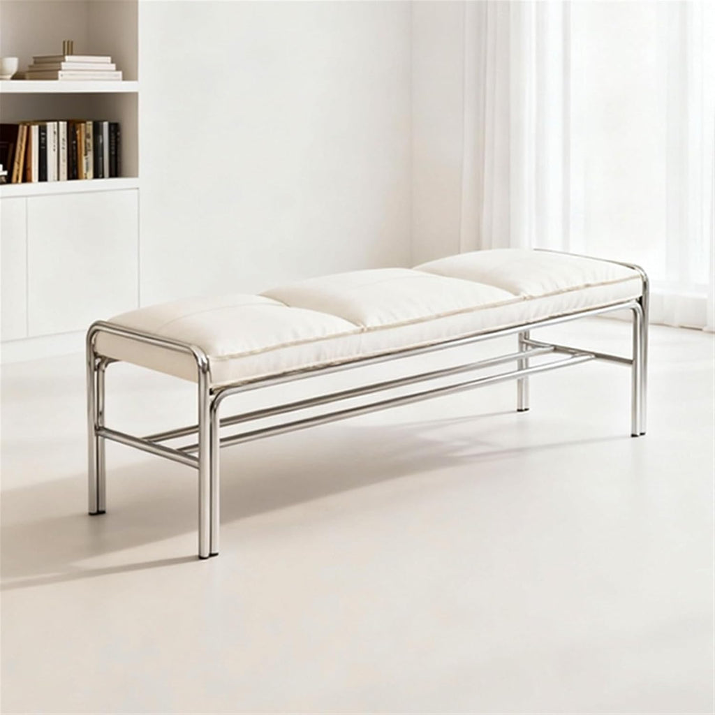 Modern Stainless Steel Long Bench with White Leather Cushion Home-use Soft-Padded Shoe Changing Stool Entryway(Small)