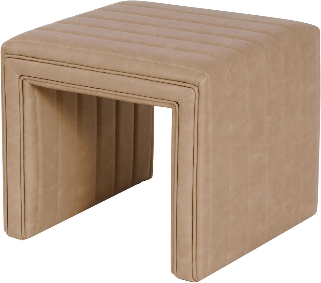 HomePop Modern Channel Tufted Faux Leather Ottoman|Homepop Home Décor|Ottoman for Living Room & Bedroom - Sand Faux Leather