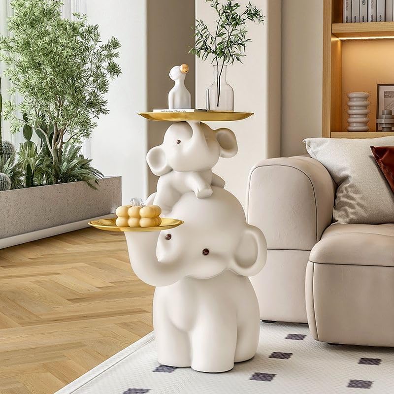 Elephant Side Table, Large Living Room Sculpture, Perfect as Sofa Side Table, Bedroom Nightstand, Coffee Table, Living Room Decor with Two Storage Trays (Double-Tray Elephant)