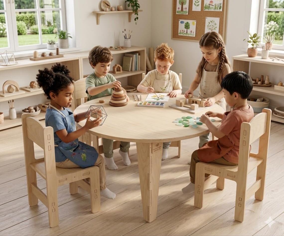 Bush Acres Montessori-Style Kids Table and 4 Chairs Set – Baltic Birch Plywood Activity & Learning Furniture for Home, Classroom - Stella | Heirloom Quality Build - Workshop Made in USA