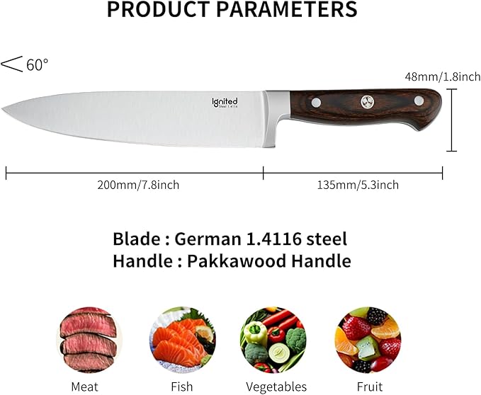 Professional 8 Inch Chef Knife, 1.4116 German High Carbon Steel Kitchen Chef Knife, Chefs Knife With Pakkawood Handle, Dual Blade Sharp Kitchen Knife With Gift Box