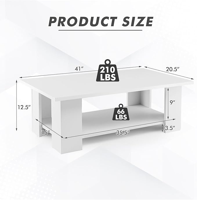 Tangkula 2-Tier Coffee Table, Modern Rectangular Center Cocktail Table with 5 Support Legs, Wooden Accent Living Room Furniture, Small Coffee Table for Small Spaces, Easy Assembly (White)