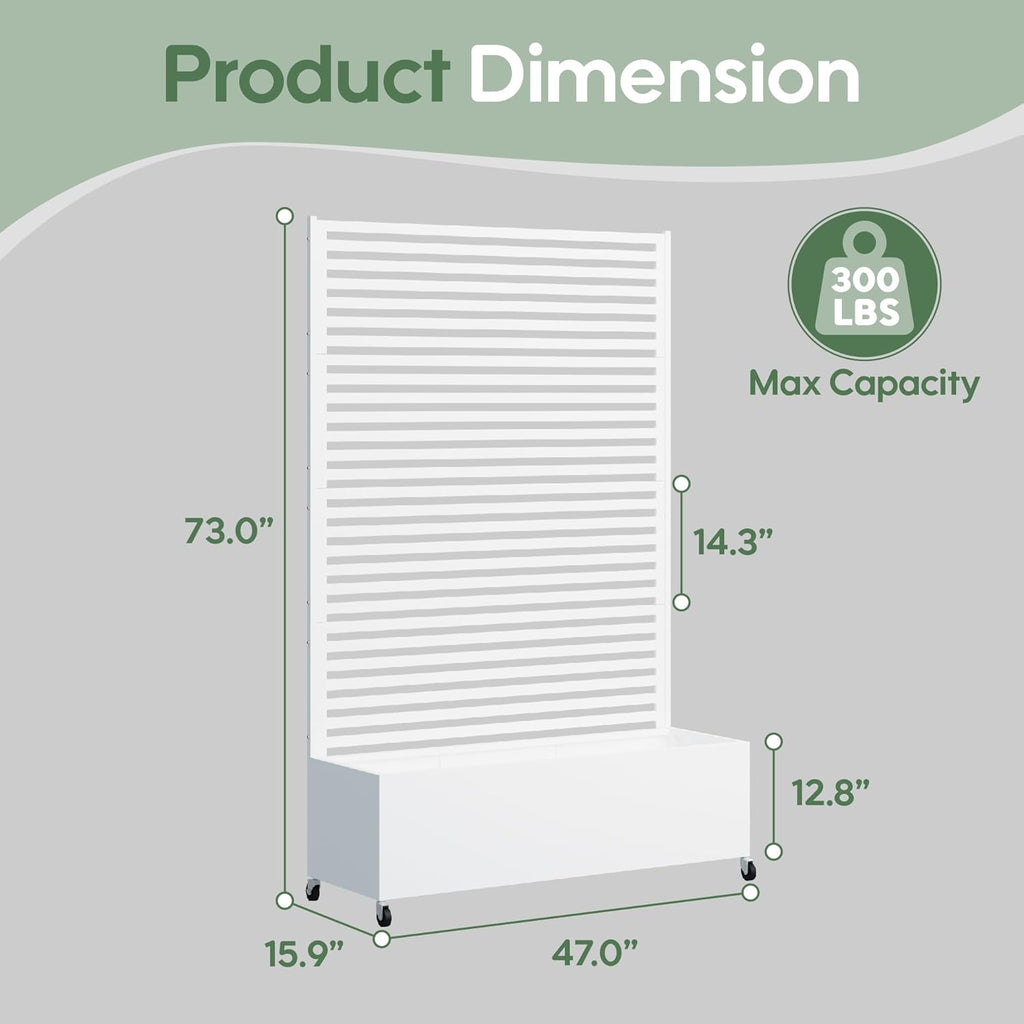 Metal Planter Box with Trellis Privacy Screen, Raised Garden Bed with Trellis & Wheels, Privacy Planters for Patio, Planter Box with Drainage Holes for Climbing Plants, Flower, 73"x 47"x 16", White