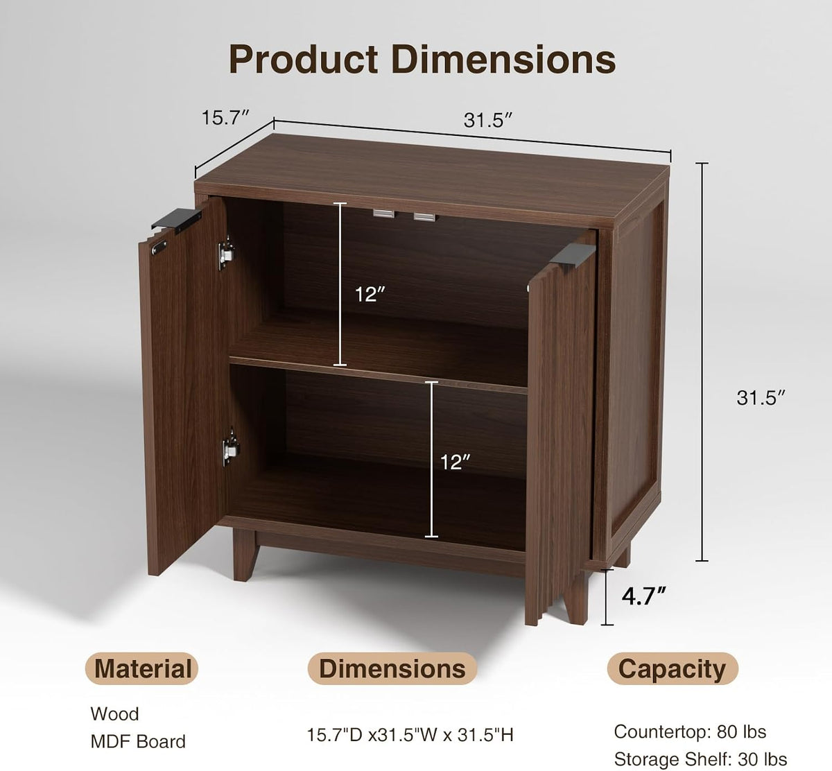 Vabches Modern Fluted Buffet Cabinet with Storage, 31.5" W Sideboard with Solid Wood Legs and Adjustable Shelf, Black Accent Cabinet for Kitchen, Living Room