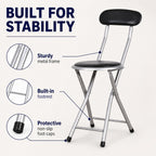 J&V TEXTILES Cushioned Padded Folding Stool with Back | Space-Saving Design, Folds Flat, Padded Backrest, Round Padded Seat, 2.8" Folded Thickness