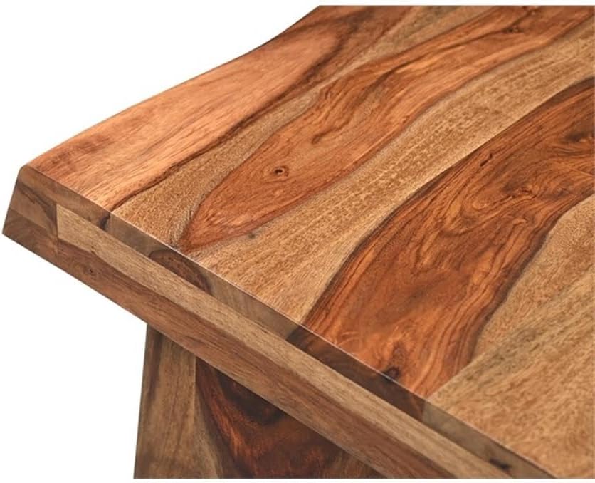 Pemberly Row Solid Wood 3-Piece Table Set, Live Edge Sheesham Hardwood, Brown Finish, Includes Coffee Table, Console Table, and Square End Table, Modern Double Pedestal Base, Rustic Living Room