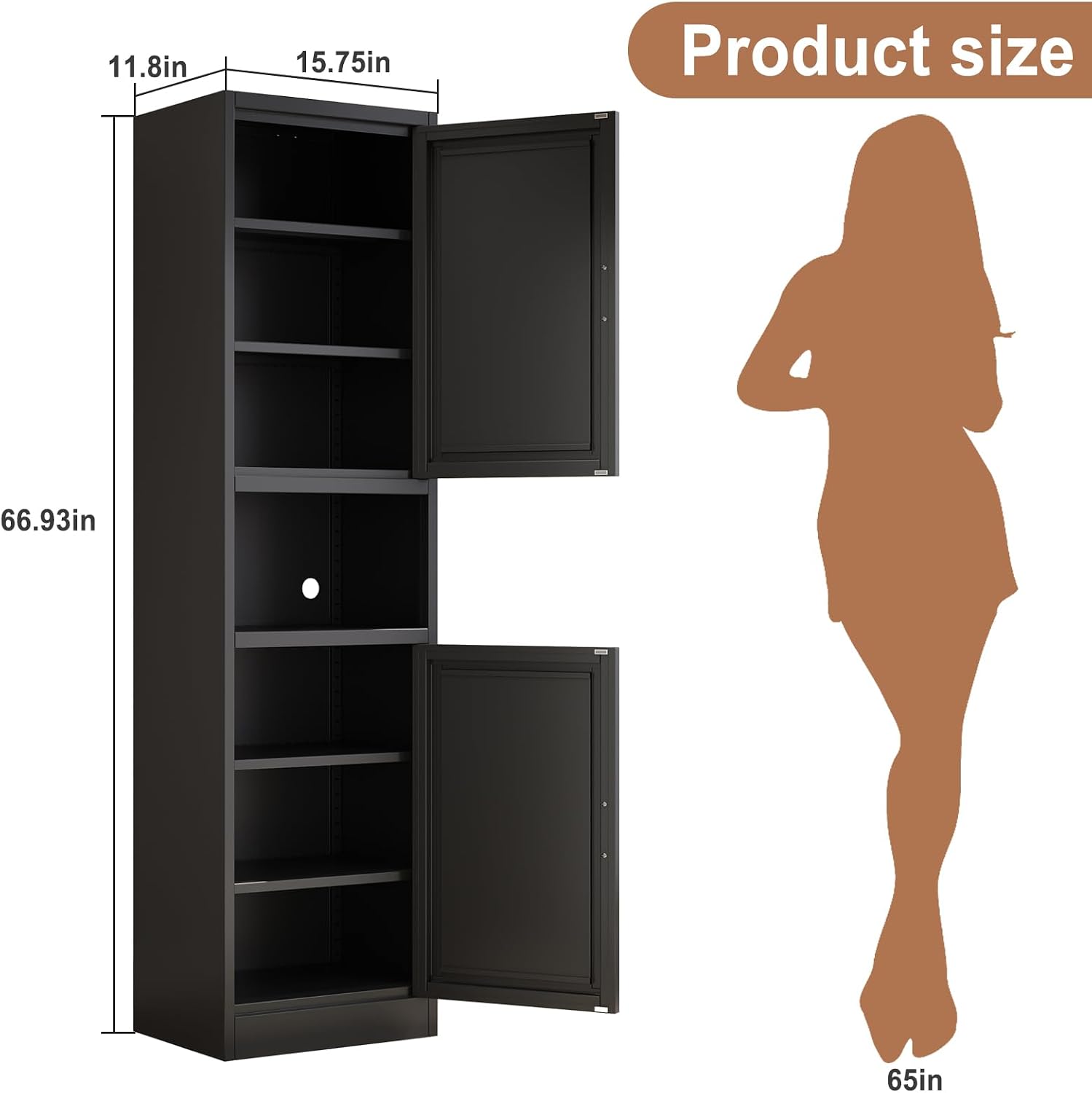 Tokawa 67” Tall Slim Storage Cabinet, 12 Inch Deep x 16 Inch Wide Metal Pantry with Open Middle Shelf, Narrow Kitchen Utility Cabinet with Gold Handles, Black