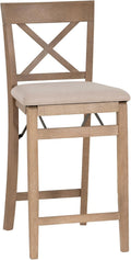 Linon Triena X Back Neutral Greywash Wooden Fully Assembled Folding 24 Inch Seat Height Counter Stool with Beige Upholstered Seat