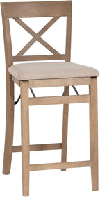 Linon Triena X Back Neutral Greywash Wooden Fully Assembled Folding 24 Inch Seat Height Counter Stool with Beige Upholstered Seat