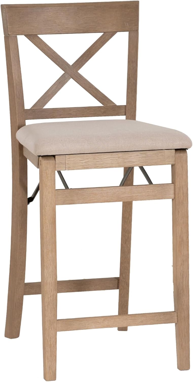 Linon Triena X Back Neutral Greywash Wooden Fully Assembled Folding 24 Inch Seat Height Counter Stool with Beige Upholstered Seat