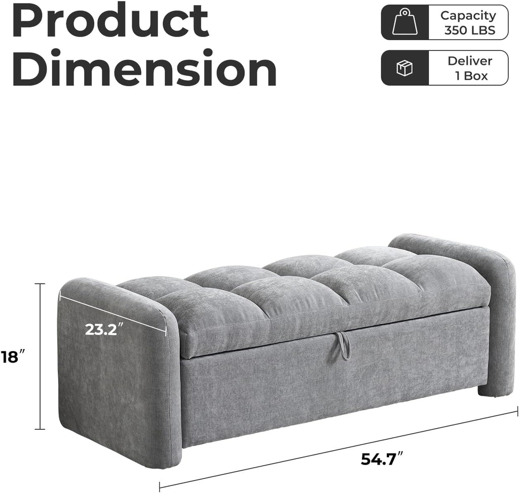 Oversized Chenille Ottoman Bench with Storage, Upholstered End of Bed Bench for Bedroom, Ottoman Foot Rest for Living Room, Light Grey