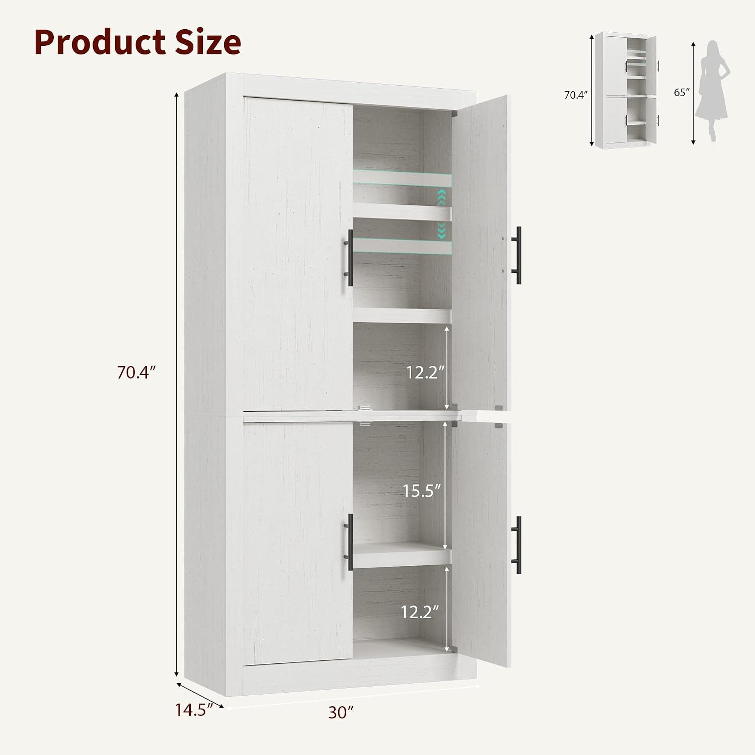 70.45'' Multi-Use Farmhouse Pantry: Kitchen Pantry Cabinet with 4-Door, Adjustable Shelves, Anti-Tip for Kitchen, Dining, Office