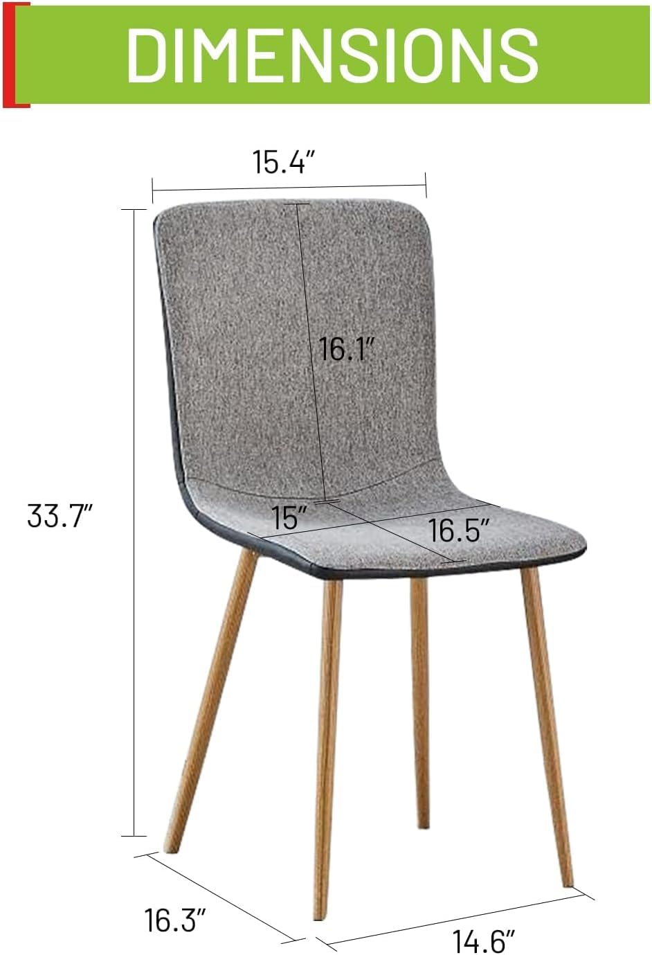 FurnitureR Dining Chairs Set of 4, Fabric Cushion Side Chairs Mid-Back with PU Back and Oak Metal Legs for Kitchen, Dining Room, or Living Area, Grey/Black