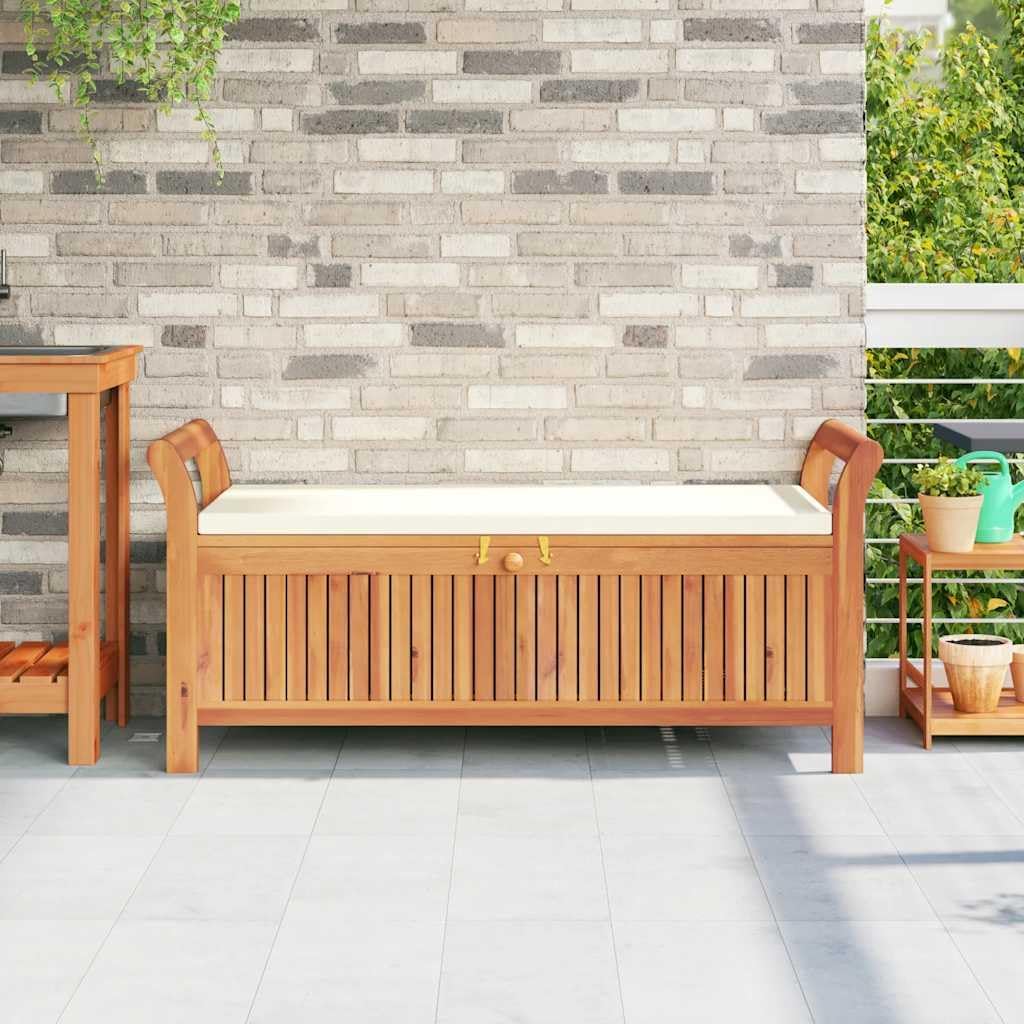 Solid Acacia Wood Patio Storage Bench 49.6 Inch | With Cushion, Curved Arms, Ample Storage for Pillows and Blankets, Assembly Manual Included
