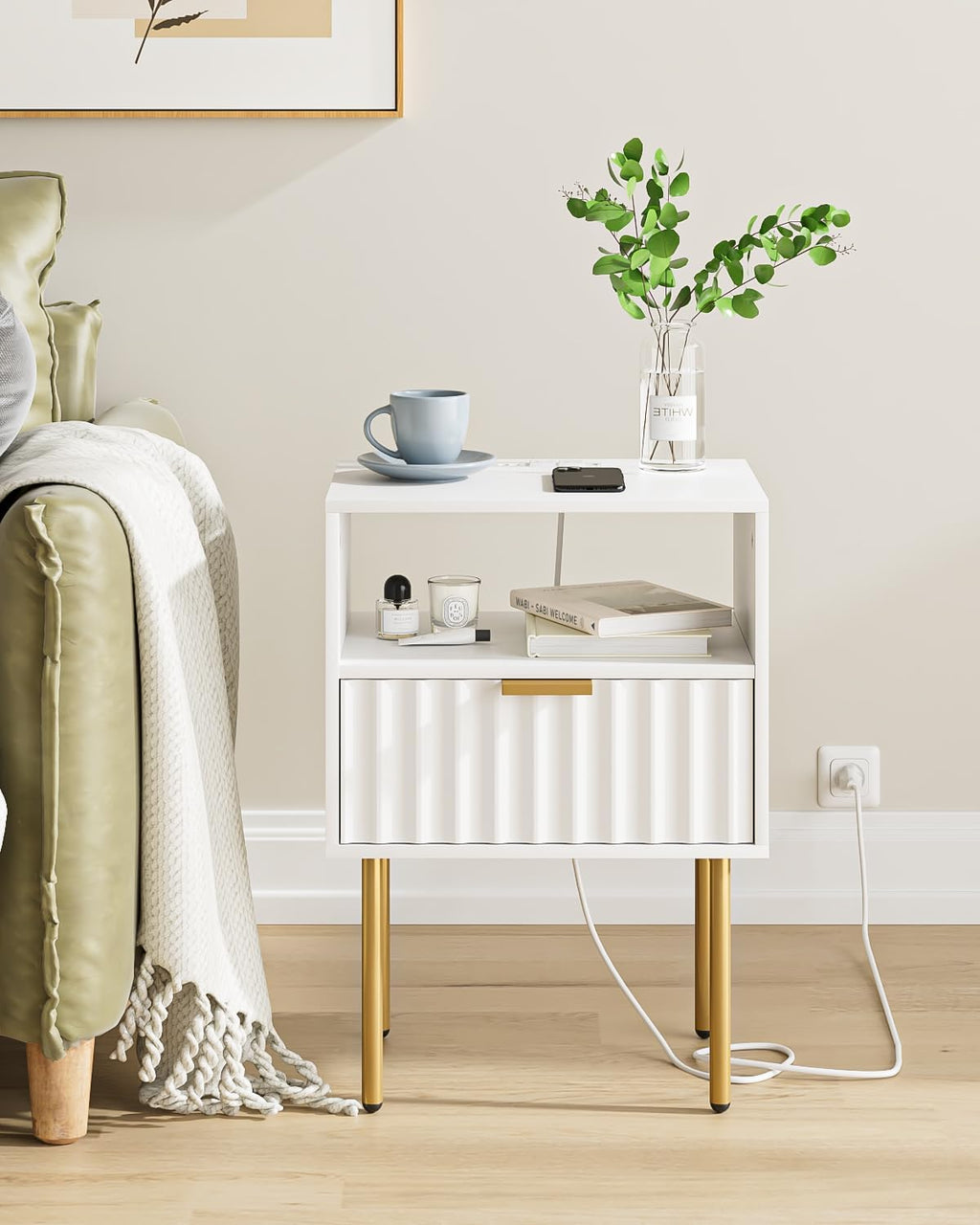 Masupu Nightstand with Charging Station,Mid-Century Modern Bedside Table with Storage Drawer and Open Wood Shelf,Small Gold Frame Side Table for Bedroom,Living Room (White Fluted)