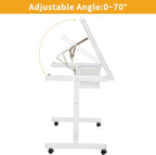 Rolling Drafting Table on Wheels, Painting Table Art Craft Desk Crafting Table with Tilting Transparent Tempered Glass Top, 2 Fabric Storage Drawers and 4 Wheels (White)