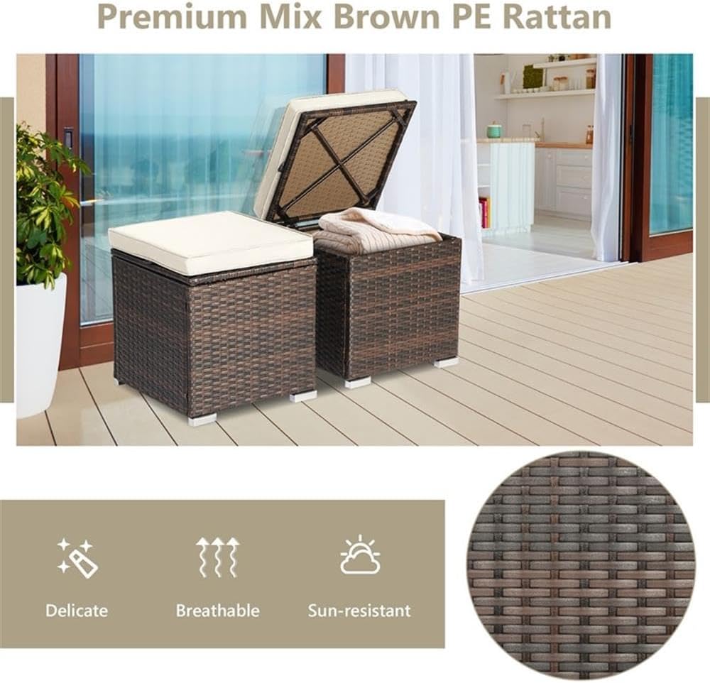 Pemberly Row 2PCS Patio Rattan Ottoman Seat with Storage, Off White, Durable Outdoor Furniture, Multipurpose Design for Patio Seating and Storage Solutions