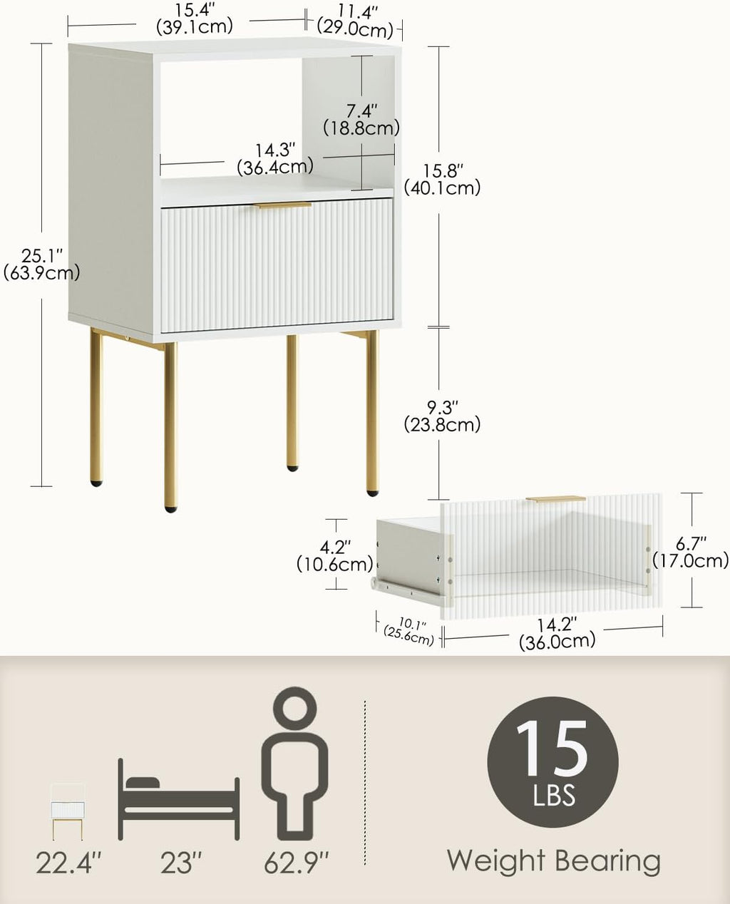 Masupu Night Stand, Mid-Century Bedside Table with Storage Drawer and Open Wood Shelf, Small Gold Frame Flueted Nightstand, Side Table for Bedroom, Living Room, White(Tall 25'')
