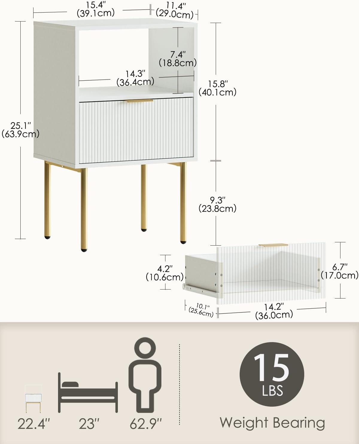 Masupu Night Stand, Mid-Century Bedside Table with Storage Drawer and Open Wood Shelf, Small Gold Frame Flueted Nightstand, Side Table for Bedroom, Living Room, White(Tall 25'')