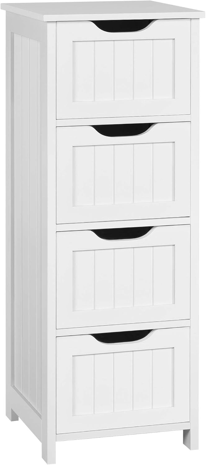 Yaheetech Bathroom Storage Cabinet, 12" W Slim 4-Drawer Design, White | Narrow Freestanding Organizer for Small Spaces, Beside Toilet or Vanity, Beadboard Tower, 32.5"H, P2 MDF, Water-resistant