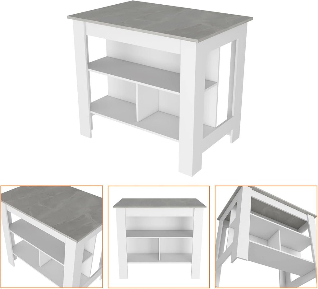Kitchen Island with Three Shelves, White and Ibiza Marble Finish | Three storage shelves with varying dimensions for organized kitchen storage