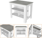 Kitchen Island with Three Shelves, White and Ibiza Marble Finish | Three storage shelves with varying dimensions for organized kitchen storage