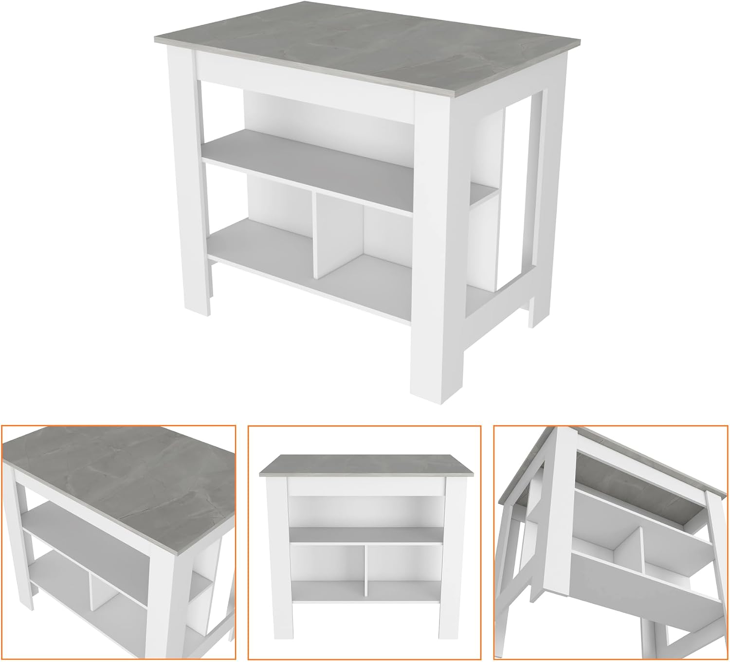 Kitchen Island with Three Shelves, White and Ibiza Marble Finish | Three storage shelves with varying dimensions for organized kitchen storage