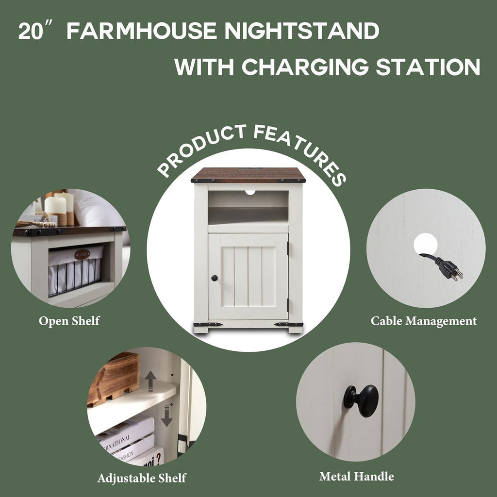 Farmhouse Night Stands Set of 2, 20" End Table w/Charging Station, Rustic Wood Bedside Table w/Groove Barn Door, Side Table with Storage w/Open & Adjustable Shelf for Bedroom, Living Room (White)