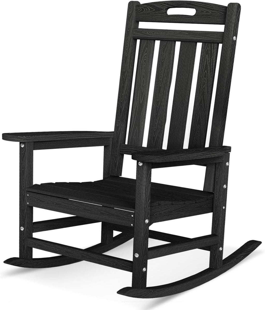 Oversized Outdoor Rocking Chair, HDPE Plastic High Back Rocking Chairs | Wood Grain, Heavy-Duty Patio Rocker, All Weather Outdoor Porch Chair, Lawn Chair for Outside, Deck, Fire Pit, Black
