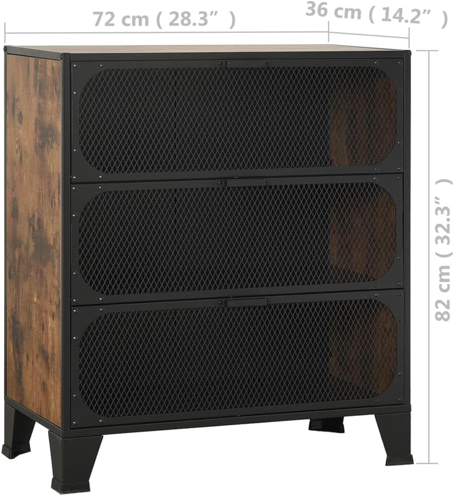 Rustic Brown Storage Cabinet 14.2 x 28.3 x 32.3 in Industrial Bathroom Organizer with 3 Doors Wall Mounted MDF & Metal Frame Compact Pantry or Living Room Cupboard