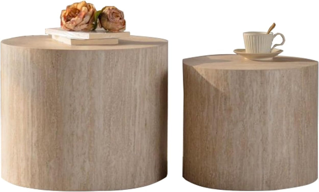 Retro Nesting Coffee Table Set of 2, 33.86" Round Wood Coffee Tables, Circle Modern Accent End Side Table for Small Space Living Room