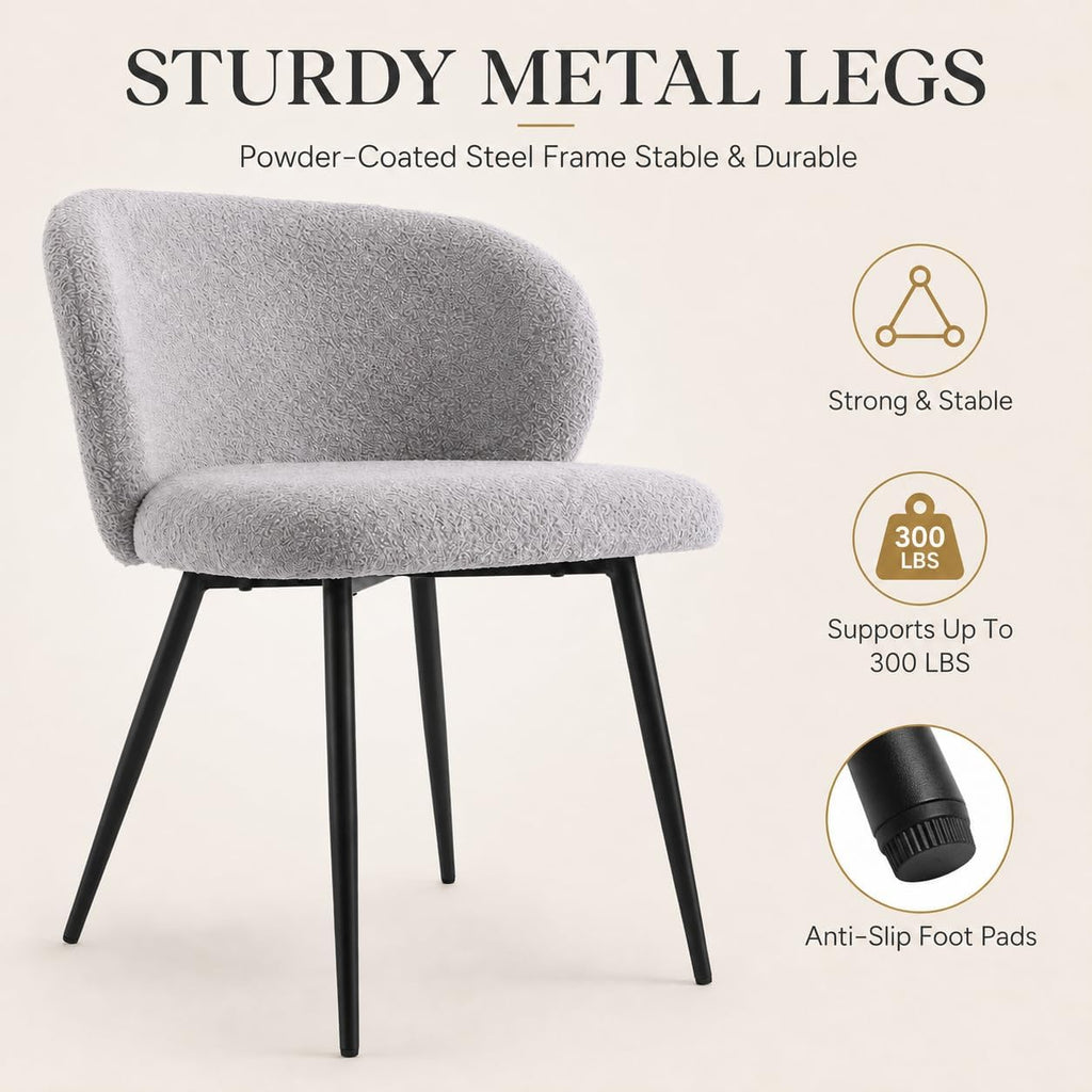 Modern Teddy Dining Chairs Set of 2, Comfy Kitchen Armless Chairs with Thick Cushions, Wingback Chair, Upholstered Dining Room Chairs with Metal Legs for Dining, Living Room, Grey