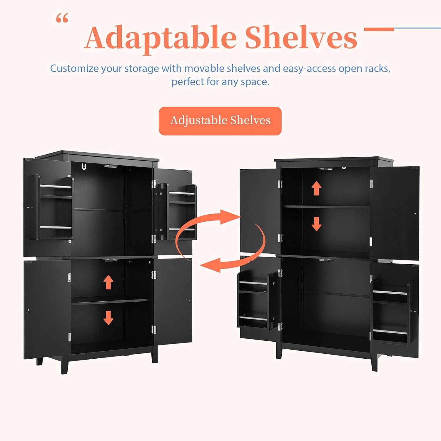 43.3" Tall Kitchen Storage Cabinet with Doors, Freestanding Pantry Cabinet with Hanging Shelves& Adjustable Shelves, Large Space Wooden Farmhouse Cupboard for Kitchen, Dining Room& Living Room (Black)