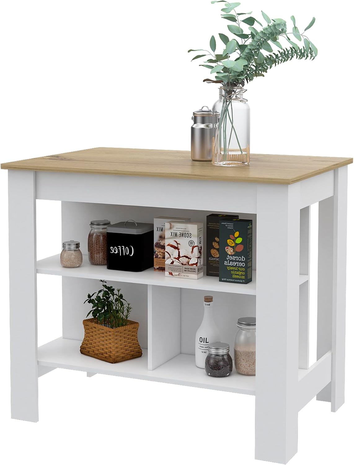 3-Shelf Kitchen Island White and Light Oak with Particle Board | Transitional kitchen island with 3 shelves and ample storage for meal prepping
