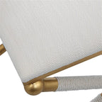 BOWERY HILL Contemporary Small Bench, 24"x17"x20.25", Iron Base Gold Leaf Finish, White Polyester Upholstery, Braided Rope Detailing, Living Room Seating or Accent Piece