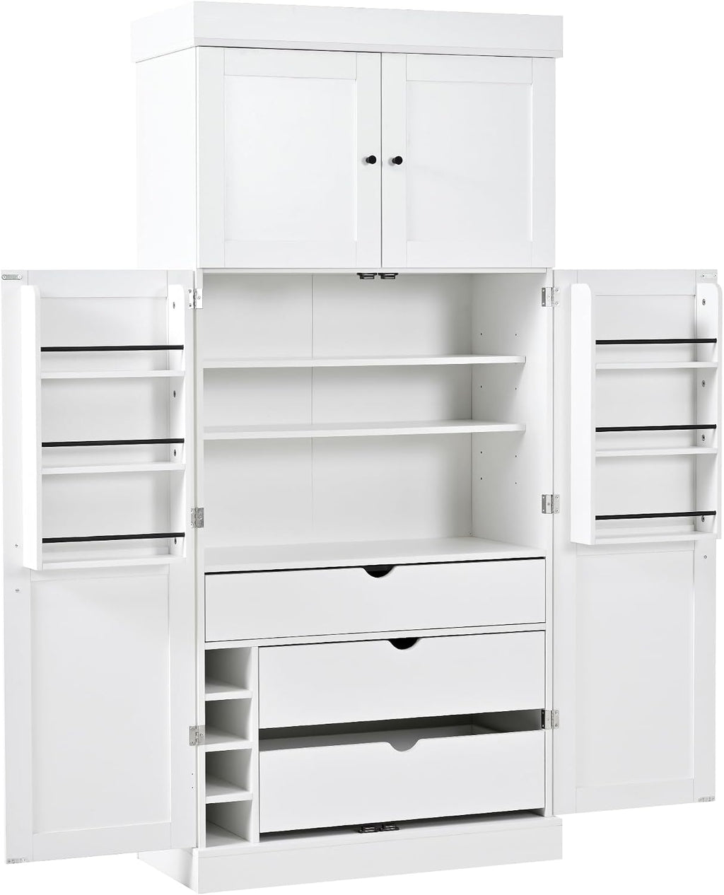 Large Freestanding Kitchen Pantry Cabinet, Cupboard Storage Cabinet with Adjustable Shelves, Door Shelves, Drawers and Wine Racks for Kitchen, Dining Room (White)