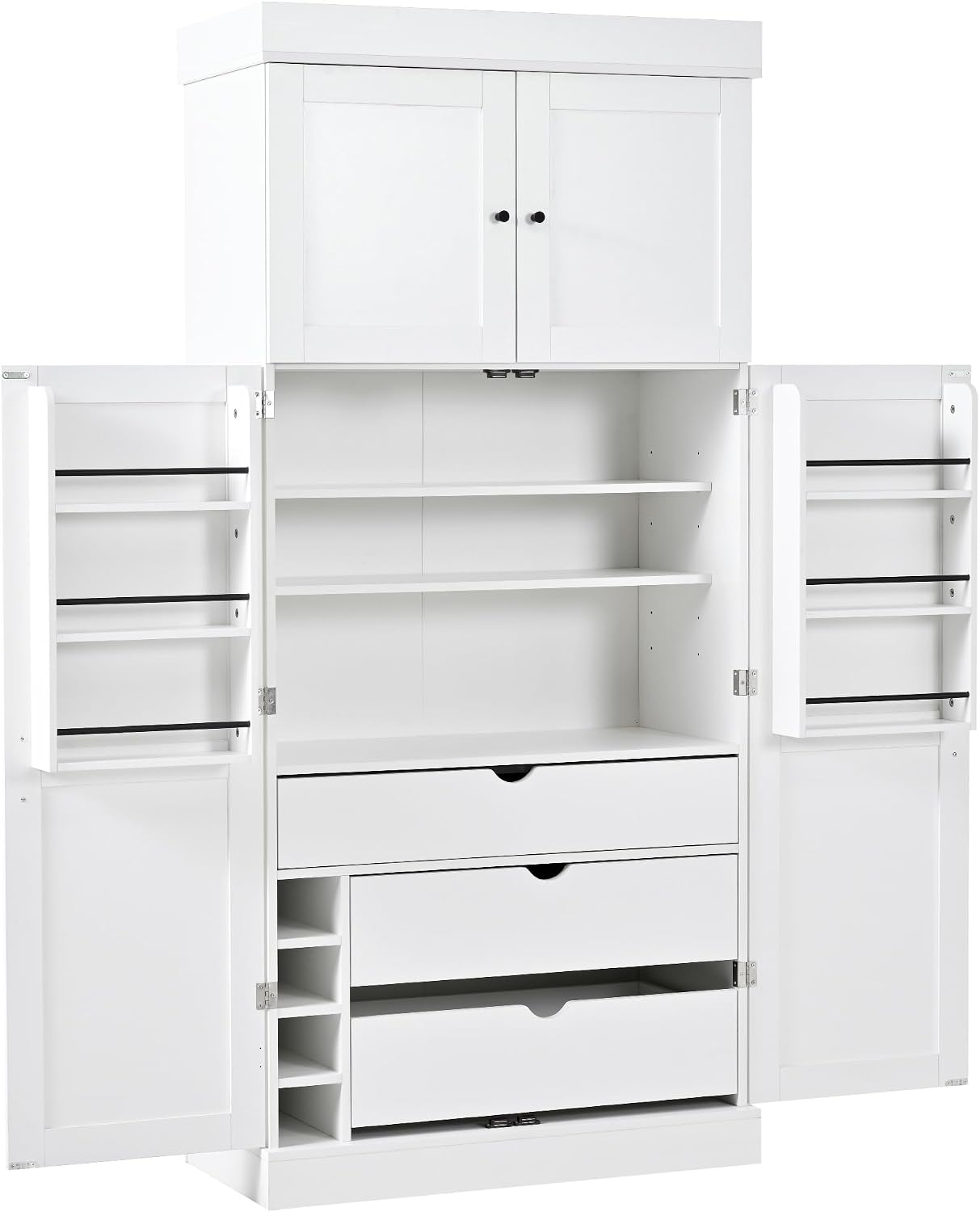 Large Freestanding Kitchen Pantry Cabinet, Cupboard Storage Cabinet with Adjustable Shelves, Door Shelves, Drawers and Wine Racks for Kitchen, Dining Room (White)