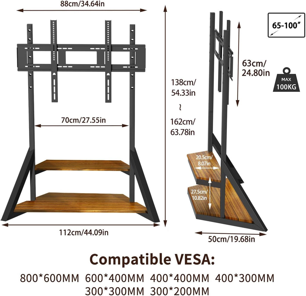 Mobile TV Stand for 65-100 Inch TVs, Holds Up to 220 lbs,Walnut | Height Adjustable Rolling TV Stand with Large Wooden Shelves and Wheels, VESA 800×600mm, VC-Z1188