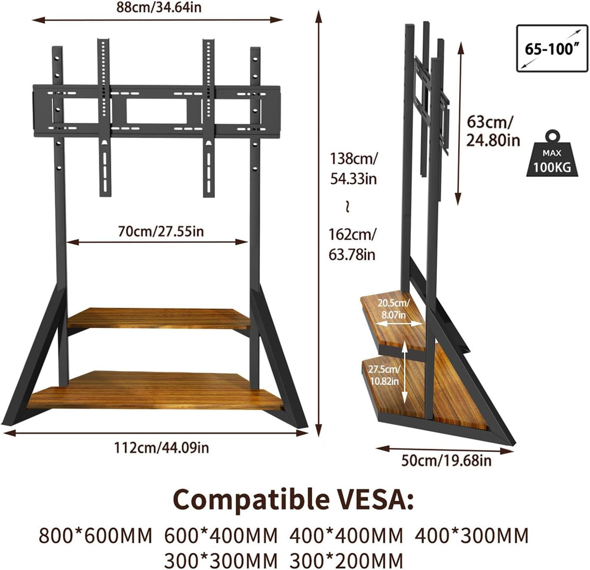 Mobile TV Stand for 65-100 Inch TVs, Holds Up to 220 lbs,Walnut | Height Adjustable Rolling TV Stand with Large Wooden Shelves and Wheels, VESA 800×600mm, VC-Z1188