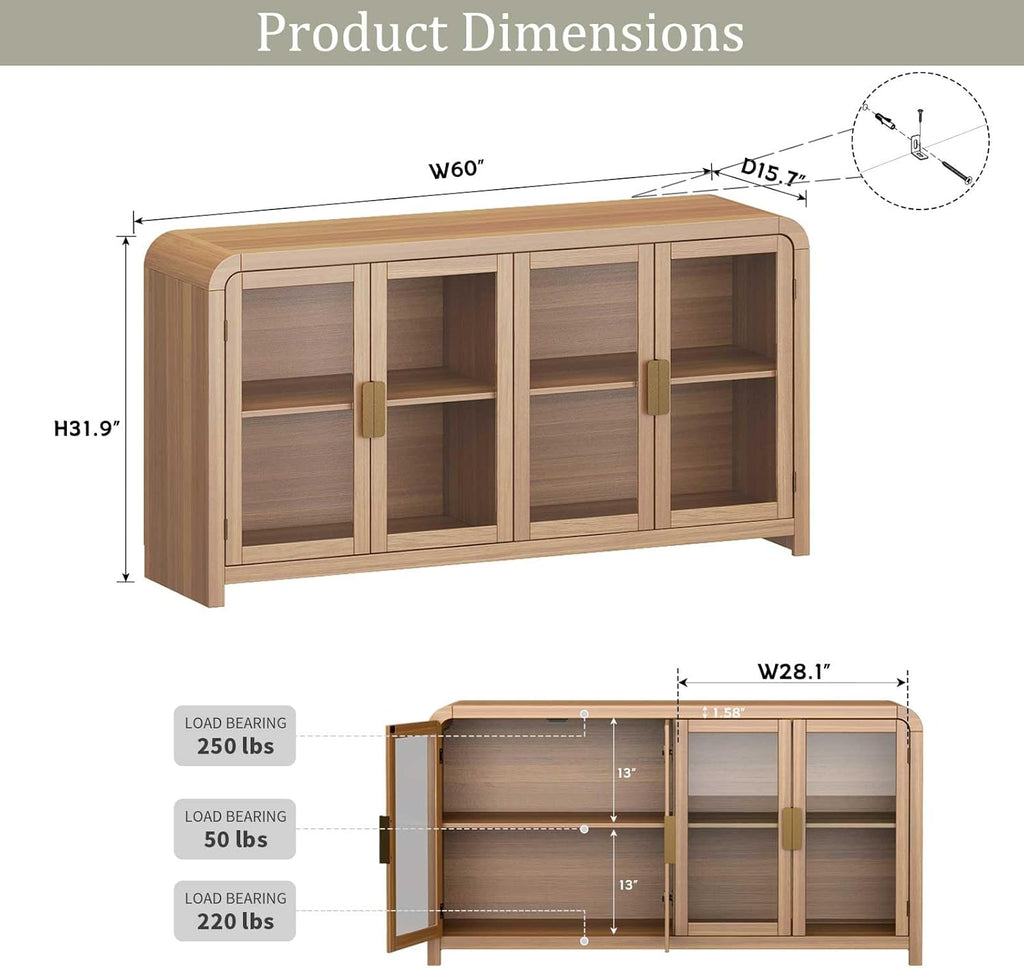 Oak&Sparrow Oak Sideboard Buffet Cabinet with Storage, 60'' Boho Buffets & Sideboards with Adjustable Shelves, Sideboard Cabinet with 4 Glass Doors for Living Room, Hallway & Kitchen