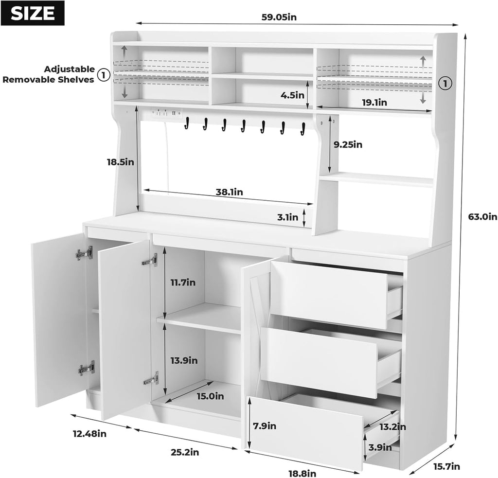 Gyfimoie Farmhouse Kitchen Pantry Cabinet with Power Outlet & LED Light, Large Coffee Bar Cupboard with Microwave Stand, 3 Doors & 3 Drawers, 7 Cup Holders & 8 Open Cubbies, Adjusted Shelves (White)