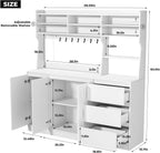 Gyfimoie Farmhouse Kitchen Pantry Cabinet with Power Outlet & LED Light, Large Coffee Bar Cupboard with Microwave Stand, 3 Doors & 3 Drawers, 7 Cup Holders & 8 Open Cubbies, Adjusted Shelves (White)