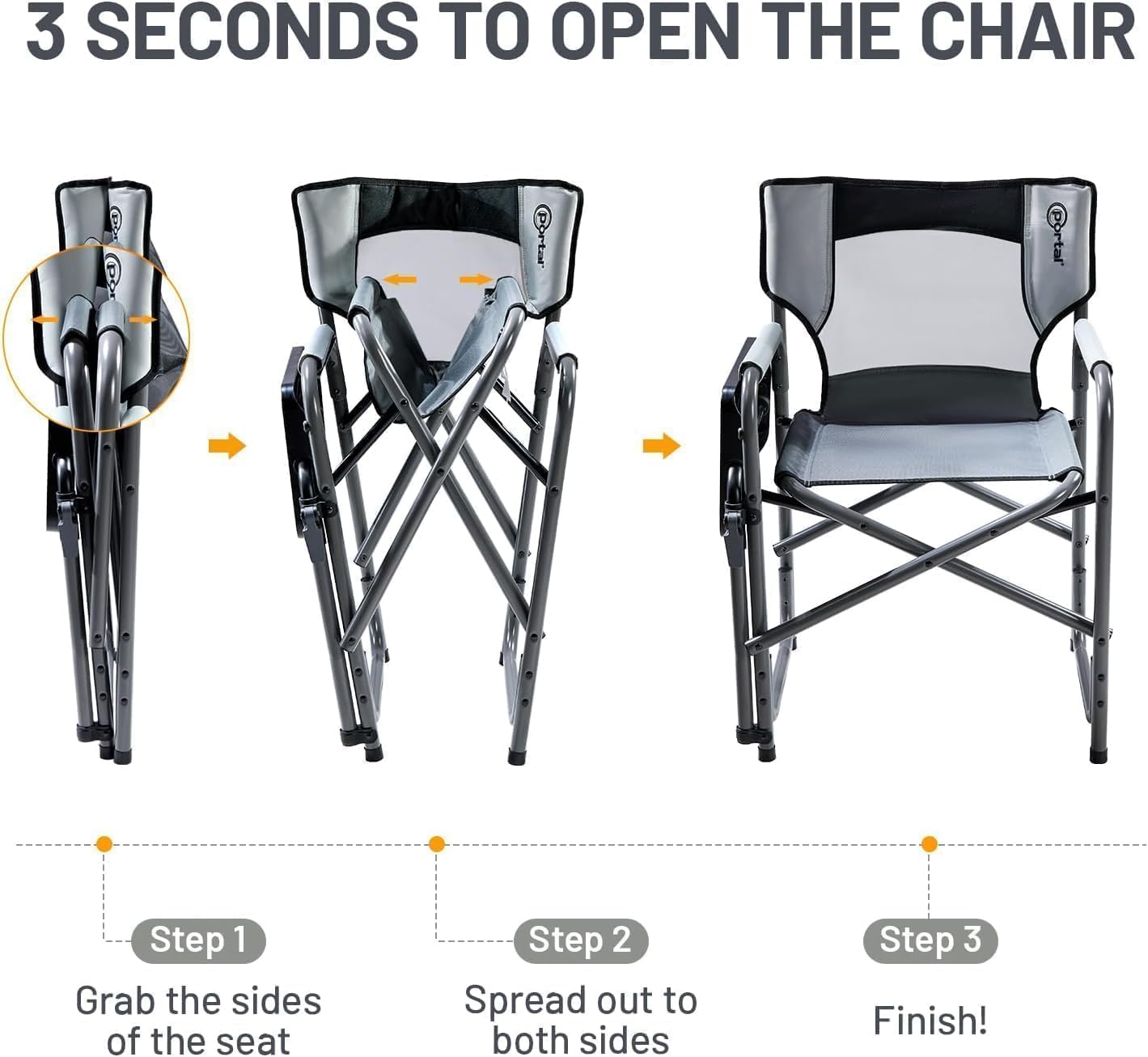 Portal Director Camping Chair with 2-Way Rotating Side Table, 300 lb, Gray | Height-Adjustable Swivel Tray with Cup Holder, Breathable Mesh Back, Portable for Camping, Tailgating, Lawn and RV Travel