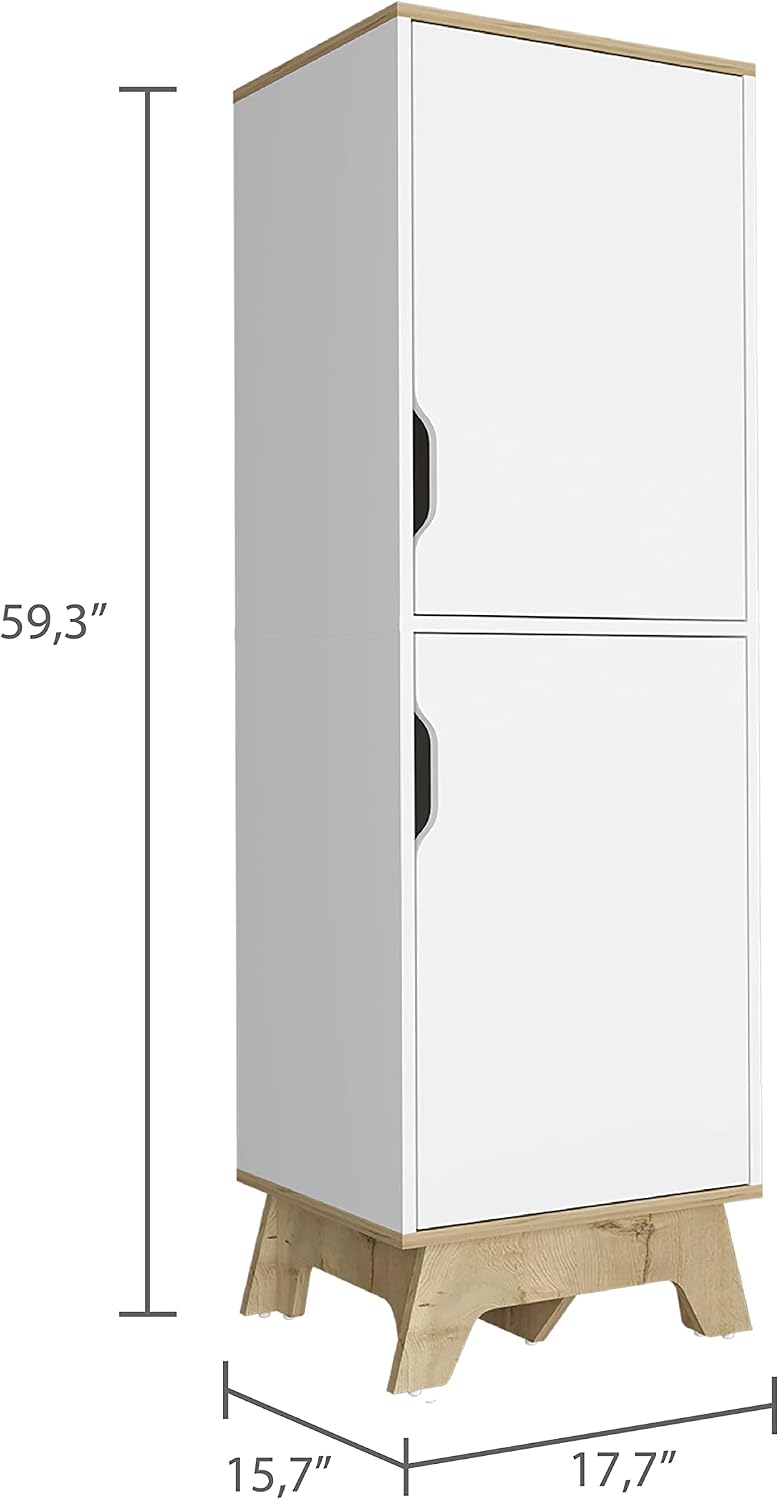 FM FURNITURE British Single Kitchen Pantry with 4 Shelves, and Double Doors Cabinet, Light Oak/White