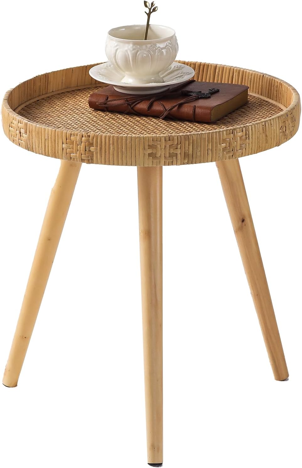 Round Side Table, Boho Circle End Table Coffee Table with Solid Wood Leg, Rattan Side Tables Living Room for Small Spaces, Bedroom, Corners
