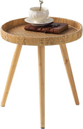Round Side Table, Boho Circle End Table Coffee Table with Solid Wood Leg, Rattan Side Tables Living Room for Small Spaces, Bedroom, Corners