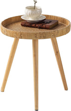 Round Side Table, Boho Circle End Table Coffee Table with Solid Wood Leg, Rattan Side Tables Living Room for Small Spaces, Bedroom, Corners