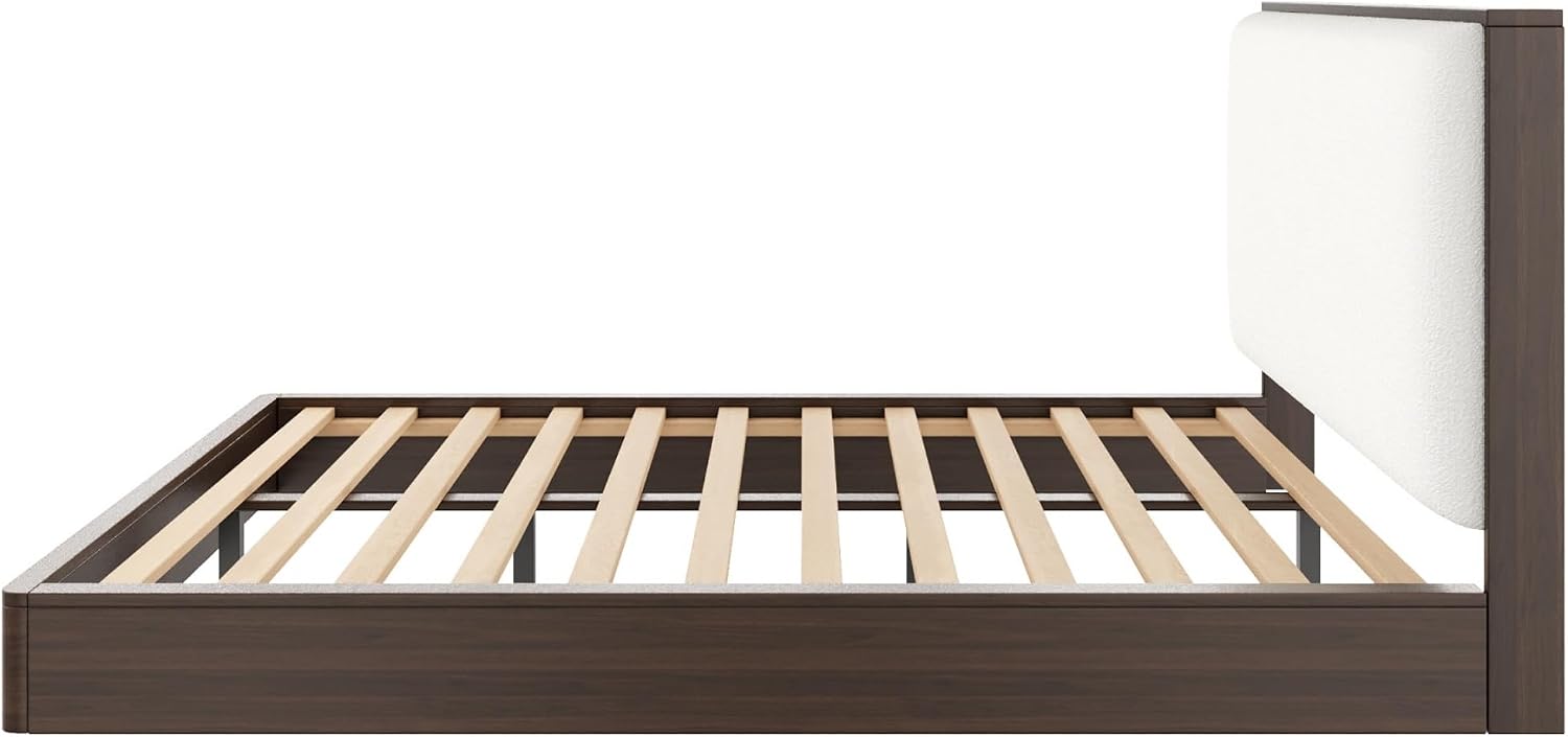 Merax Queen Platform Bed Frame with Bouclé Upholstered Headboard, Solid Wood Platform Bed, No Box Spring Needed, Noise-Free Modern Bed Frame for Bedroom, Walnut